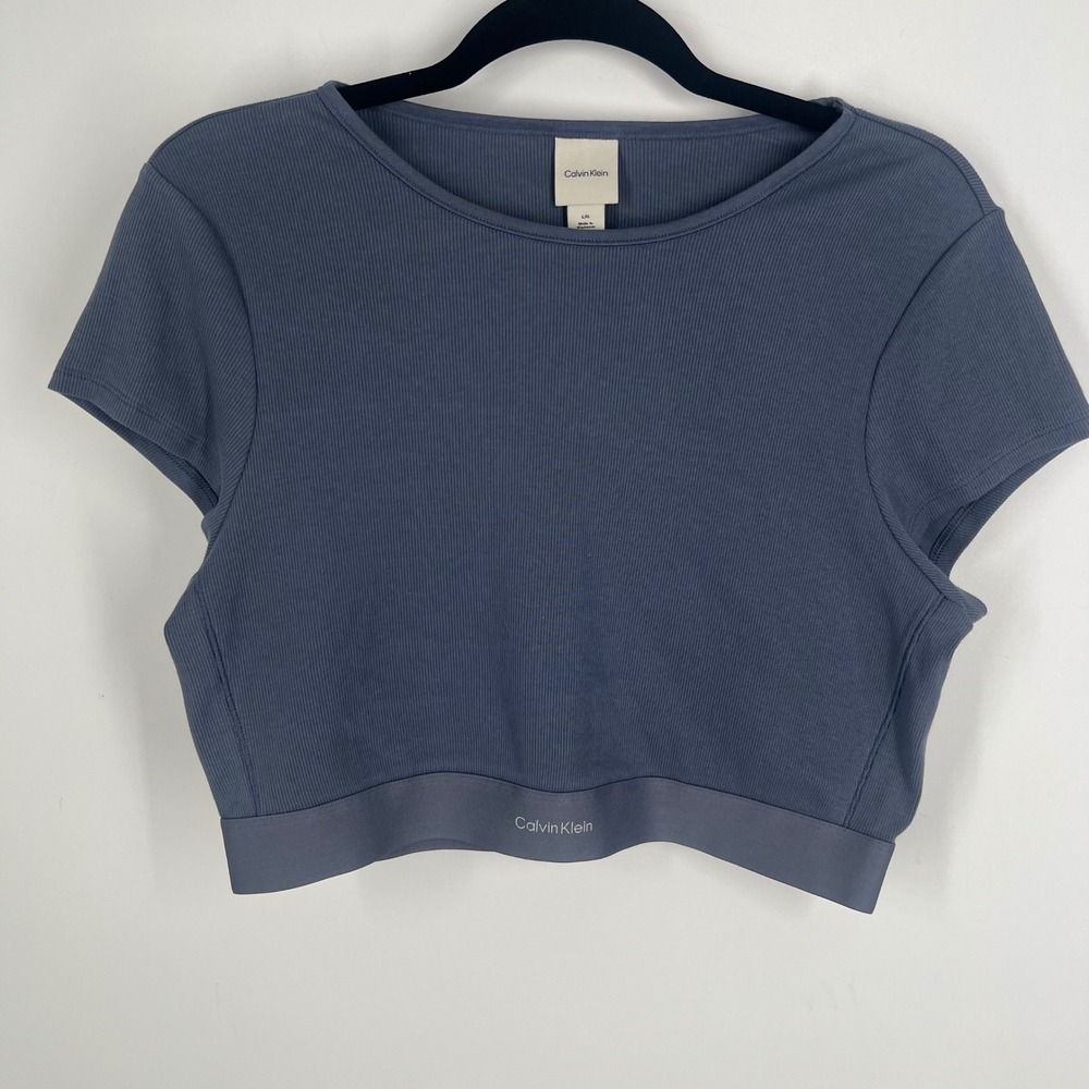 Calvin Klein Womens Stretch Rib Cropped Tee Blue Grey Size L NWT